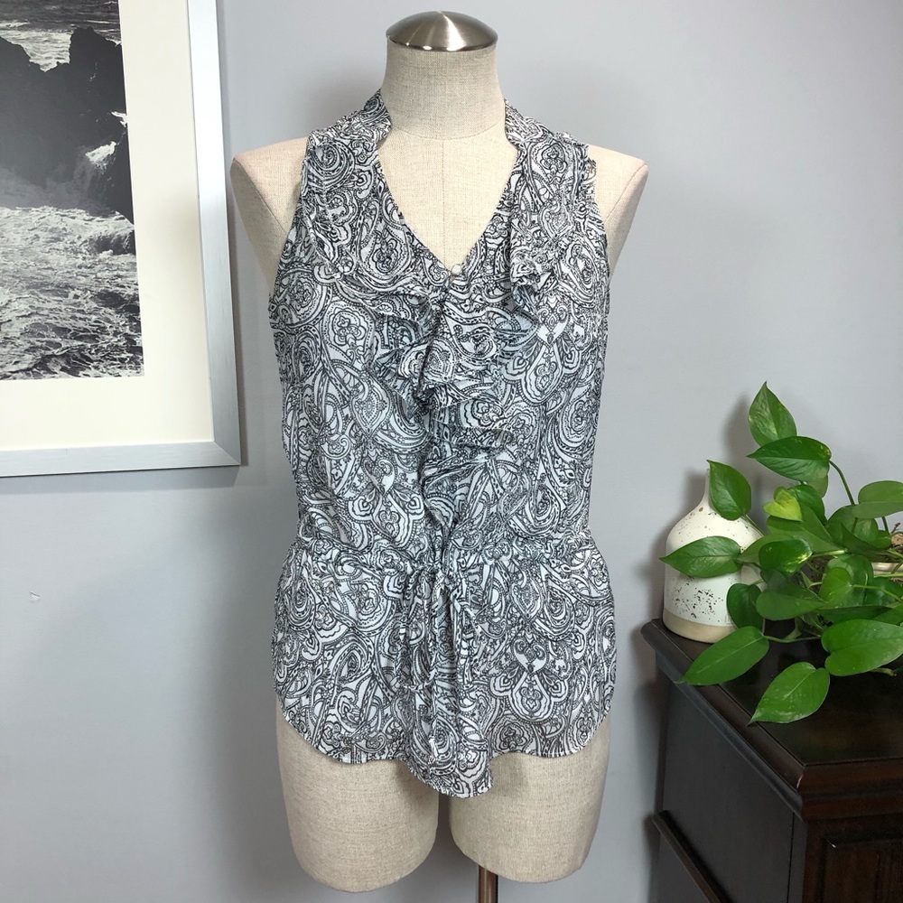 WHBM black & white paisley ruffle top XXS